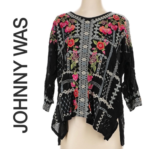 Johnny Was Tops - {Johnny Was} Black Floral Embroidered Peasant Top